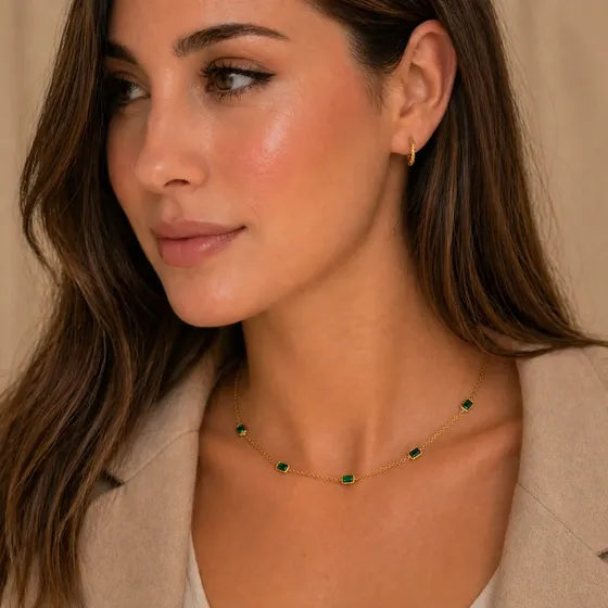 Collar Mujer Esmeralda Oro 18k Acero Inoxidable Ajustable