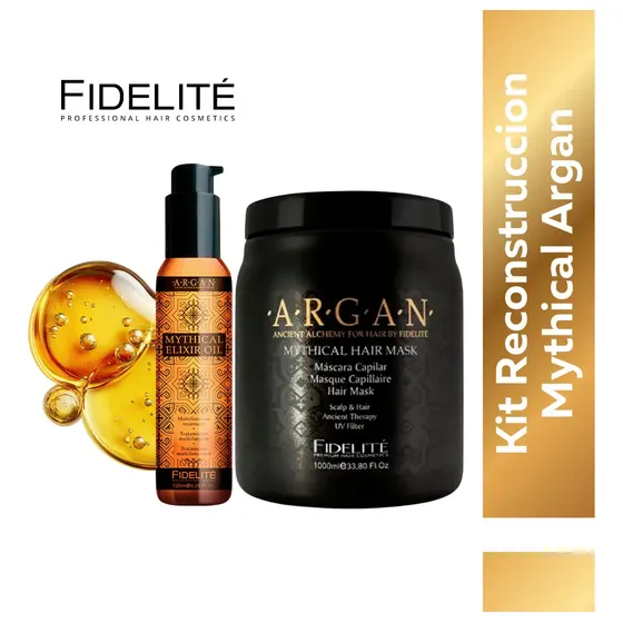 Kit Mythical Argan Fidelite Mascara Capilar 1000gr Tendencia Reparacion Brillo + Serum Oleo Extraordinario Elixir Oil Reprador Puntas Protector Termico 120ml Anti Frizz Pelo