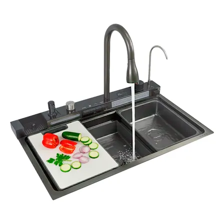 Bacha De Cocina Pvd Con Set Grifería Inteligente Acero Zego Acabado PVD Gris Ancho 45.8 cm Color Gris oscuro ZEGO0212 Espesor 3 mm Largo 74.95 cm Mate