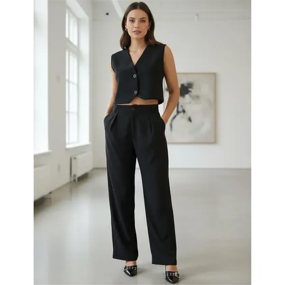 Pantalon Mujer Tipo Lino Corte Sastrero Wide Leg Tendencia