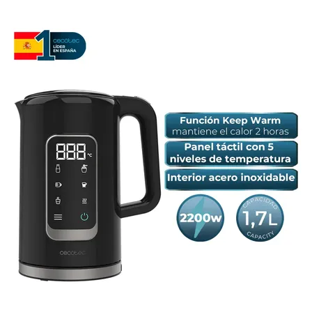 Pava Electrica Cecotec ThermoSense 500 Touch 1,7L 2200w Panel Tactil 5 Temperaturas Keep Warm Carcasa Doble Base 360 Pantalla Digital Negra